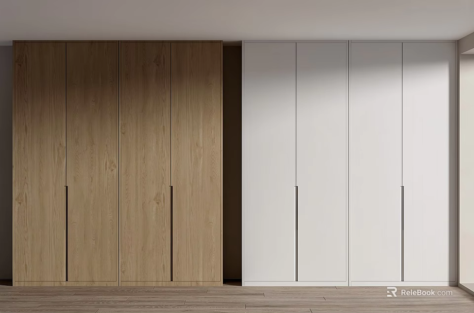 Modern Sleek Built In Wardrobe With Natural Wood And Matte White Panels For Bedroom Storage 3d model 