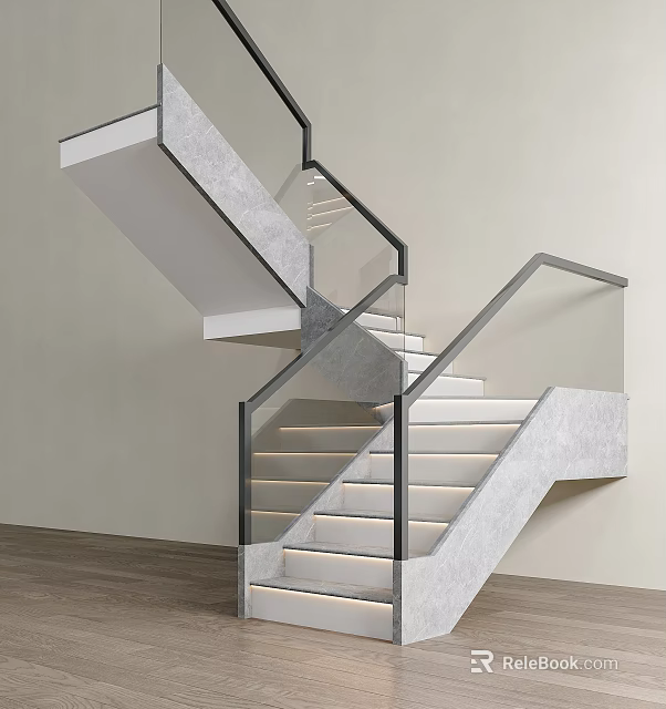 Modern Staircase With Concrete Structure Glass Railing And LED Lighting Interior 3d model 