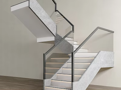 Modern Staircase With Concrete Structure Glass Railing And LED Lighting Interior 3d model