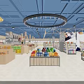 Modern Supermarket Interior With Shelves Products Lighting Fruit And Beverage Display Sections