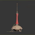 Red Tower Building With Umbrella Like Base And Illuminated Spire Top