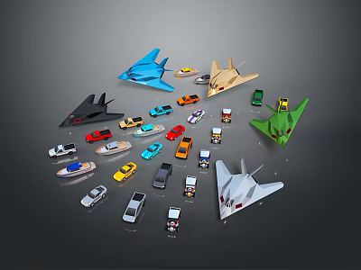 Colorful Model Planes And Cars With Various Shapes And Designs On 3d model