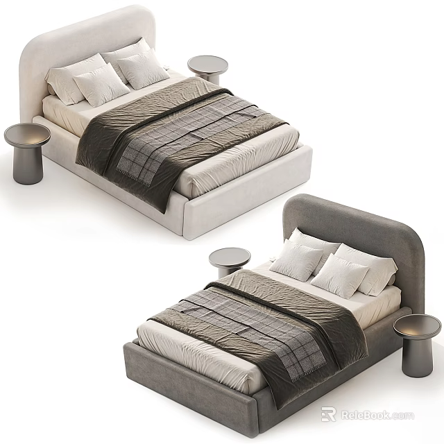Modern Double Bed With Light And Dark Headboards Plaid Bedspread Pillows And Round Bedside Tables 3d model 