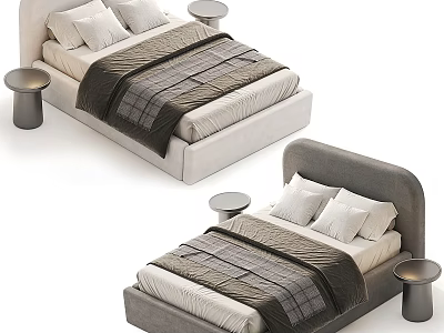 Modern Double Bed With Light And Dark Headboards Plaid Bedspread Pillows And Round Bedside Tables 3d model