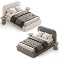 Modern Double Bed With Light And Dark Headboards Plaid Bedspread Pillows And Round Bedside Tables