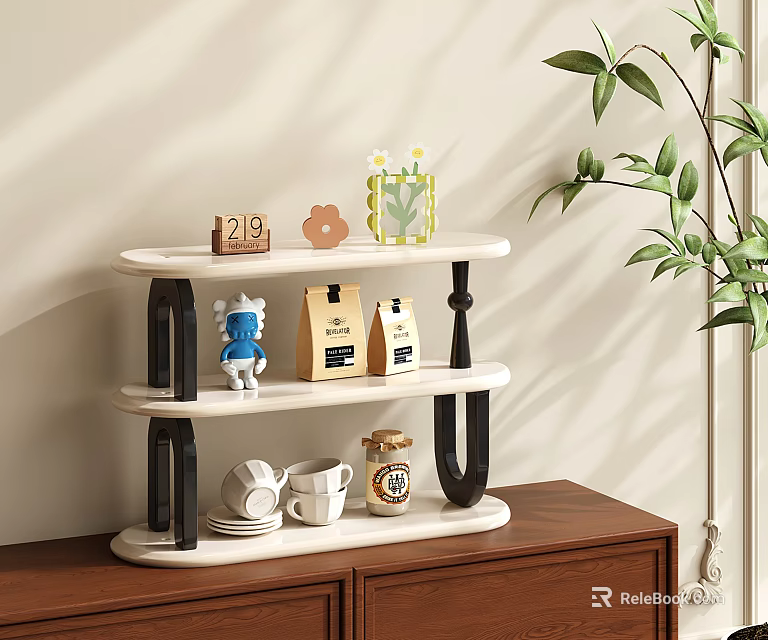 Three Tier Wooden Shelf With Coffee Bags Cups Decorative Items And Green Plant On Cabinet 3d model 