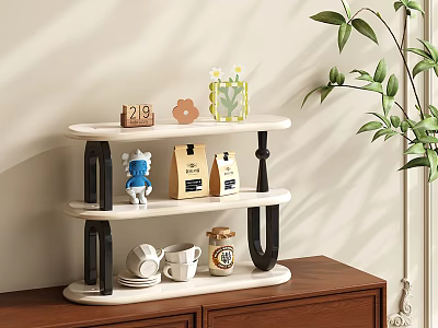 Three Tier Wooden Shelf With Coffee Bags Cups Decorative Items And Green Plant On Cabinet 3d model