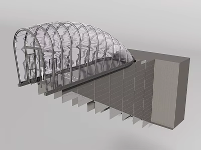 Train Station Platform With Transparent Arched Roof Gray Walls And Steps Structure 3d model