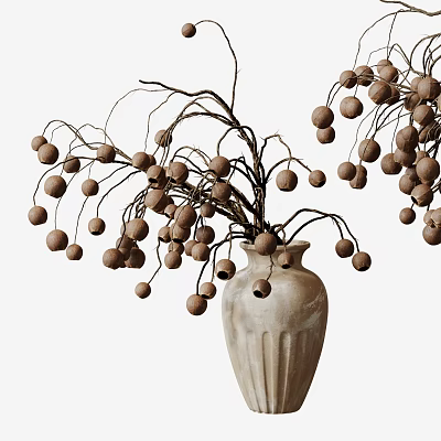 Decorative Ceramic Vase With Textured Design And Curved Branches Bearing Brown Spherical Fruits 3d model