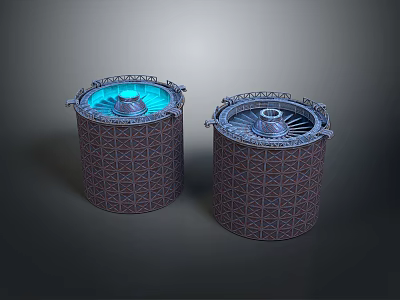 Stunning Night View Of Two Cylindrical Grid Structures With Blue Glowing Tops 3d model