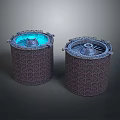 Stunning Night View Of Two Cylindrical Grid Structures With Blue Glowing Tops