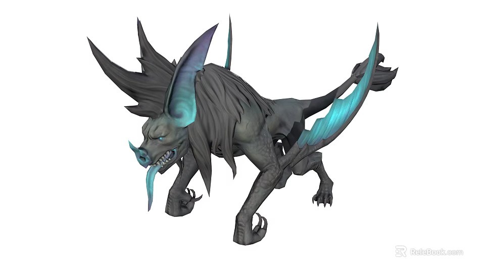 Mysterious Horned Mythical Creature with Large Ears Blue Wings Long Tongue Sharp Claws Dark Fur 3d model 