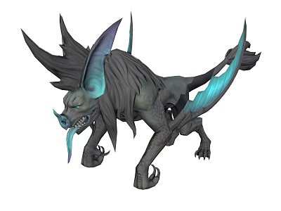 Mysterious Horned Mythical Creature with Large Ears Blue Wings Long Tongue Sharp Claws Dark Fur 3d model