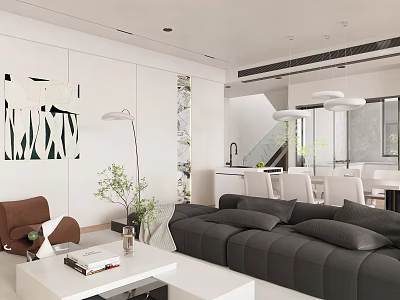 Modern Living and Dining Area With Gray Sofa White Coffee Table and Green Plants 3d model