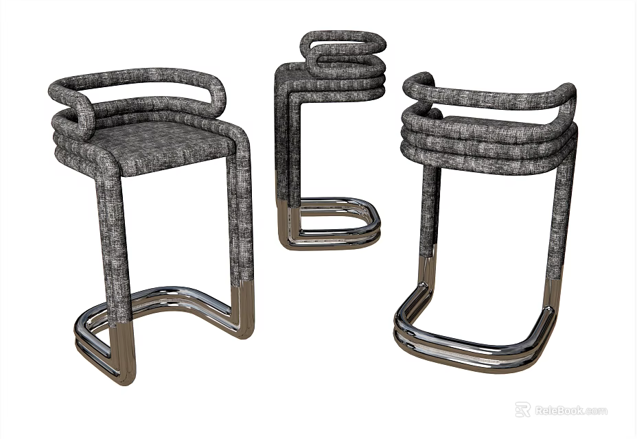 Modern Three Bar Stools with Metal Frame and Fabric Upholstered Seats 3d model 