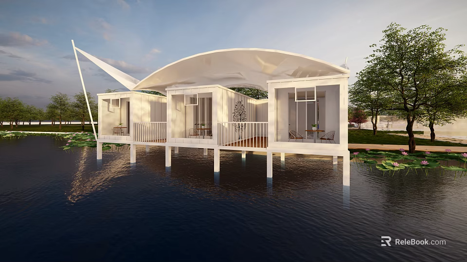 White Homestay Building on Water Featuring Canopy Multiple Rooms Balconies and Trees Around 3d model 