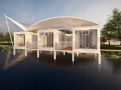 White Homestay Building on Water Featuring Canopy Multiple Rooms Balconies and Trees Around 3d model