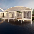 White Homestay Building on Water Featuring Canopy Multiple Rooms Balconies and Trees Around