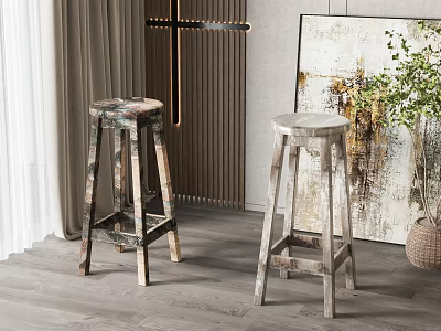 Rustic Wooden Bar Stools in Modern Interior with Potted Plant Artwork and Curtain 3d model