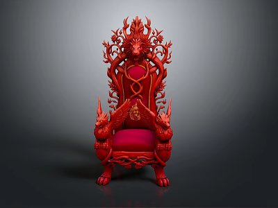 Red Ornate Throne Chair With Intricate Carvings And Velvet Upholstered Seat 3d model