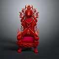 Red Ornate Throne Chair With Intricate Carvings And Velvet Upholstered Seat