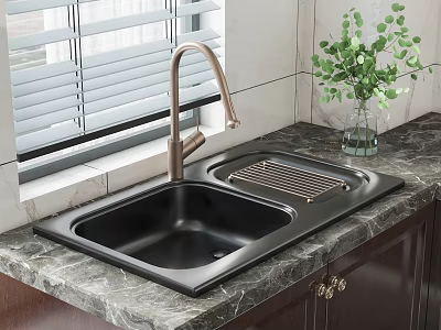 Black Double Bowl Kitchen Sink With Brushed Brass Faucet On Marble Countertop 3d model