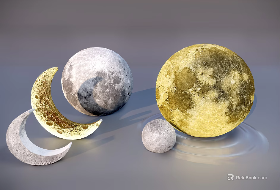 Stylish Moon Phase Floor Lamp With Gray White And Yellow Decorative Design Elements 3d model 