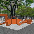 Urban Commercial Landscape With Modern Buildings Green Trees Orange Structures And Pedestrians
