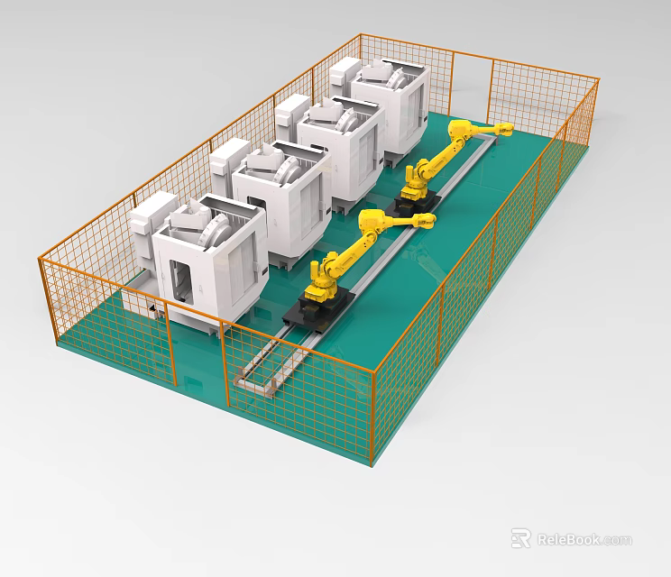 Industrial Equipment With Automated Yellow Robotic Arms For Manufacturing Production Line Setup 3d model 