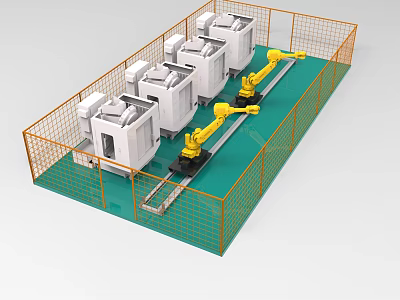 Industrial Equipment With Automated Yellow Robotic Arms For Manufacturing Production Line Setup 3d model