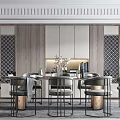 Modern Dining Table Set With Six Chairs Wooden Cabinets And Geometric Pattern Decor