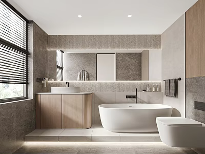 Modern Bathroom Interior Design With Wooden Vanity White Bathtub Gray Tiles And Large Mirror 3d model