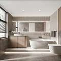 Modern Bathroom Interior Design With Wooden Vanity White Bathtub Gray Tiles And Large Mirror