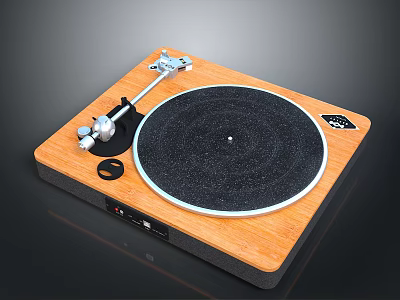 Wooden Home Turntable With Black Platter And Metal Tonearm Design 3d model