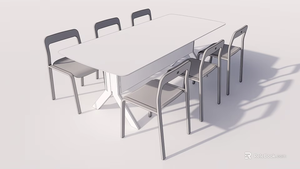 Modern Office Meeting Table With White Surface And Six Gray Chairs 3d model