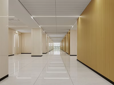 Modern Spacious Elevator Corridor Interior With White Flooring Wooden Walls And Ceiling Lighting 3d model