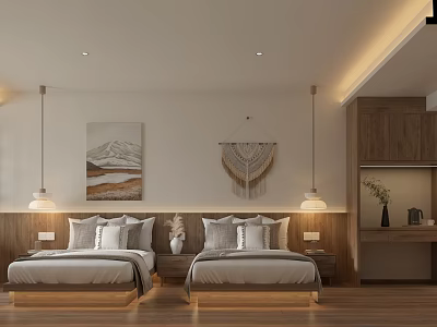 Warm Hotel Guest Room With Twin Beds Wooden Elements Macrame Decor And Pendant Lights 3d model