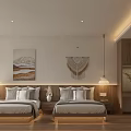 Warm Hotel Guest Room With Twin Beds Wooden Elements Macrame Decor And Pendant Lights