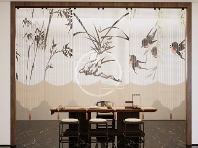 Traditional Chinese Interior With Bamboo Orchid Swallow Screen And Tea Table Stools 3d model
