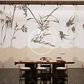 Traditional Chinese Interior With Bamboo Orchid Swallow Screen And Tea Table Stools