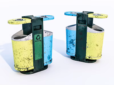 Public Facility Recycling Trash Bins With Yellow Blue Green Compartments For Waste Separation 3d model