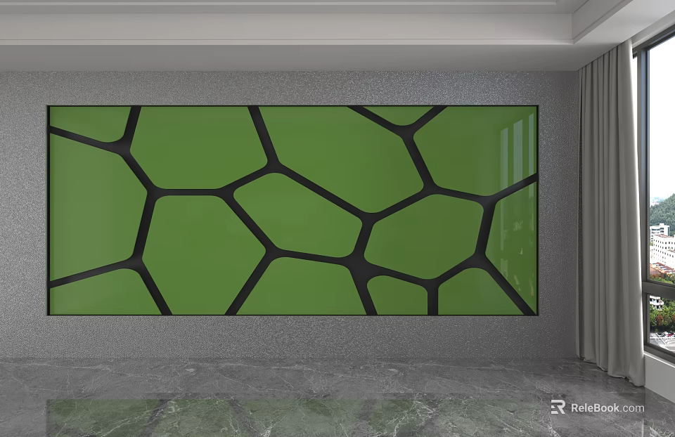 Green Backdrop With Black Geometric Patterns In Modern Room With Gray Curtains 3d model 