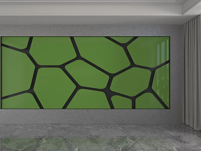 Green Backdrop With Black Geometric Patterns In Modern Room With Gray Curtains 3d model