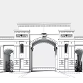 Elegant Classical Stone Arched Gate Featuring Decorative Carvings Lawns And Brick Walkway