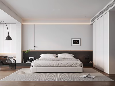 Modern Bedroom Interior Design With White Bed Wooden Floor And Wall Art 3d model