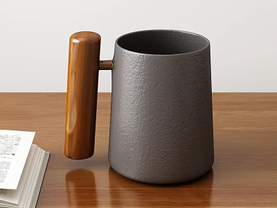 Gray Textured Mug With Wooden Handle On Wooden Tabletop Near Open Book 3d model