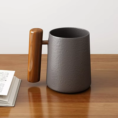 Gray Textured Mug With Wooden Handle On Wooden Tabletop Near Open Book 3d model