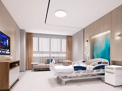 Hospital Outpatient Ward With Modern Design Wooden Walls TV Sofa Window And IV Stand 3d model