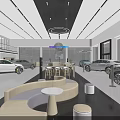Spacious Car Showroom Interior Featuring FORTHING Reception Desk And Circular Moon Light Decor 3d model