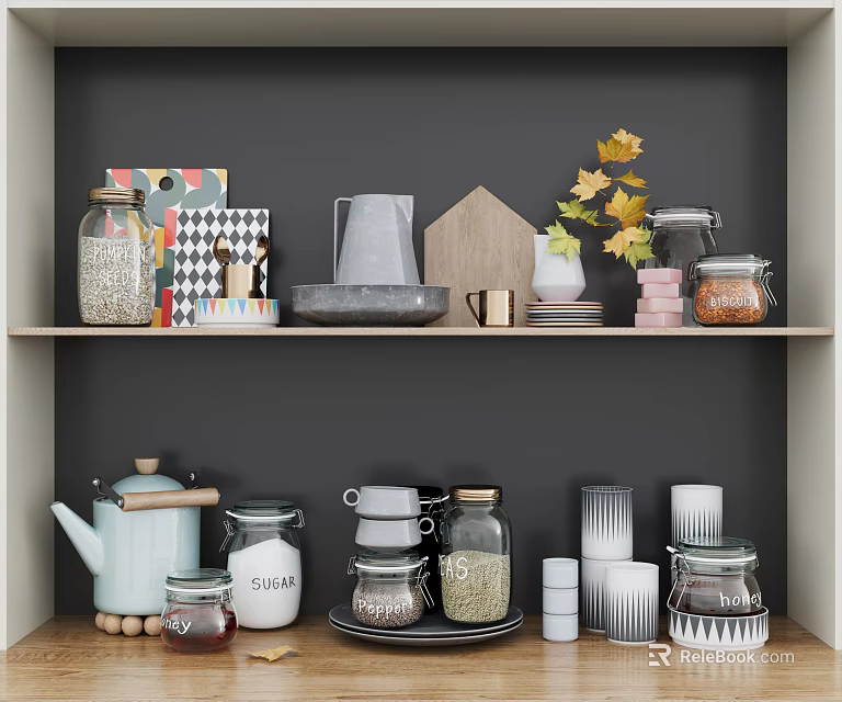 Organized Kitchen Shelf Display With Various Kitchenware Jars Teapot Cups And Decorative Leaves 3d model